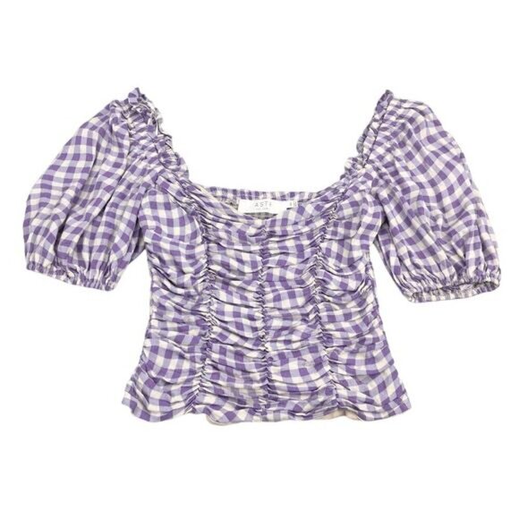 ASTR The Label Gingham Check Smocked Puff Sleeve Crop Top Sz XS - Picture 3 of 6